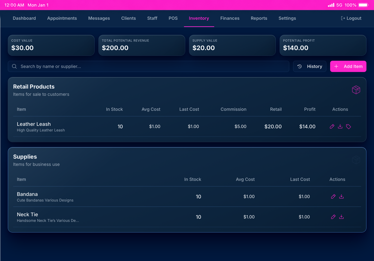 Zoomie Groomie inventory and retail product screenshot